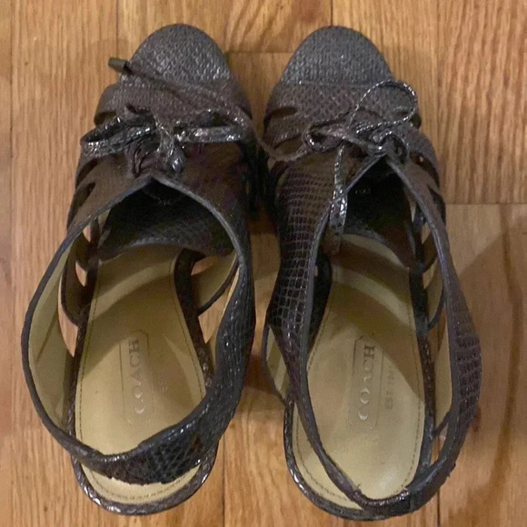 Coach 5” heel Moreen snakeskin gold print heels, open toe 7.5 B laces cut out - Picture 7 of 8